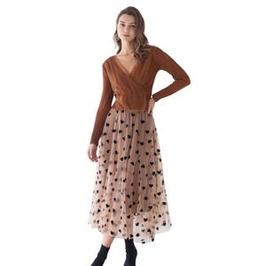Romantic Tulle Heart Print Midi Skirt Flirty Valentines Day Outfit Skirt Boho